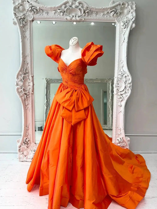 Orange Satin Prom Dress with Tiered Puffed Sleeve, Pleated Bodice & Bow - Tie – Style FD5199 - Viniodressprom dressesOrangeCustom Size - Formal Dresses - Ball Gowns