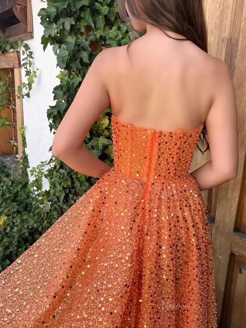 prom dresses 2025 Orange Sequin Prom Dresses 2025 Strapless Homecoming Dresses with Pockets - TO0001-plus size wedding dresses Viniodress-Orange-Custom Size-