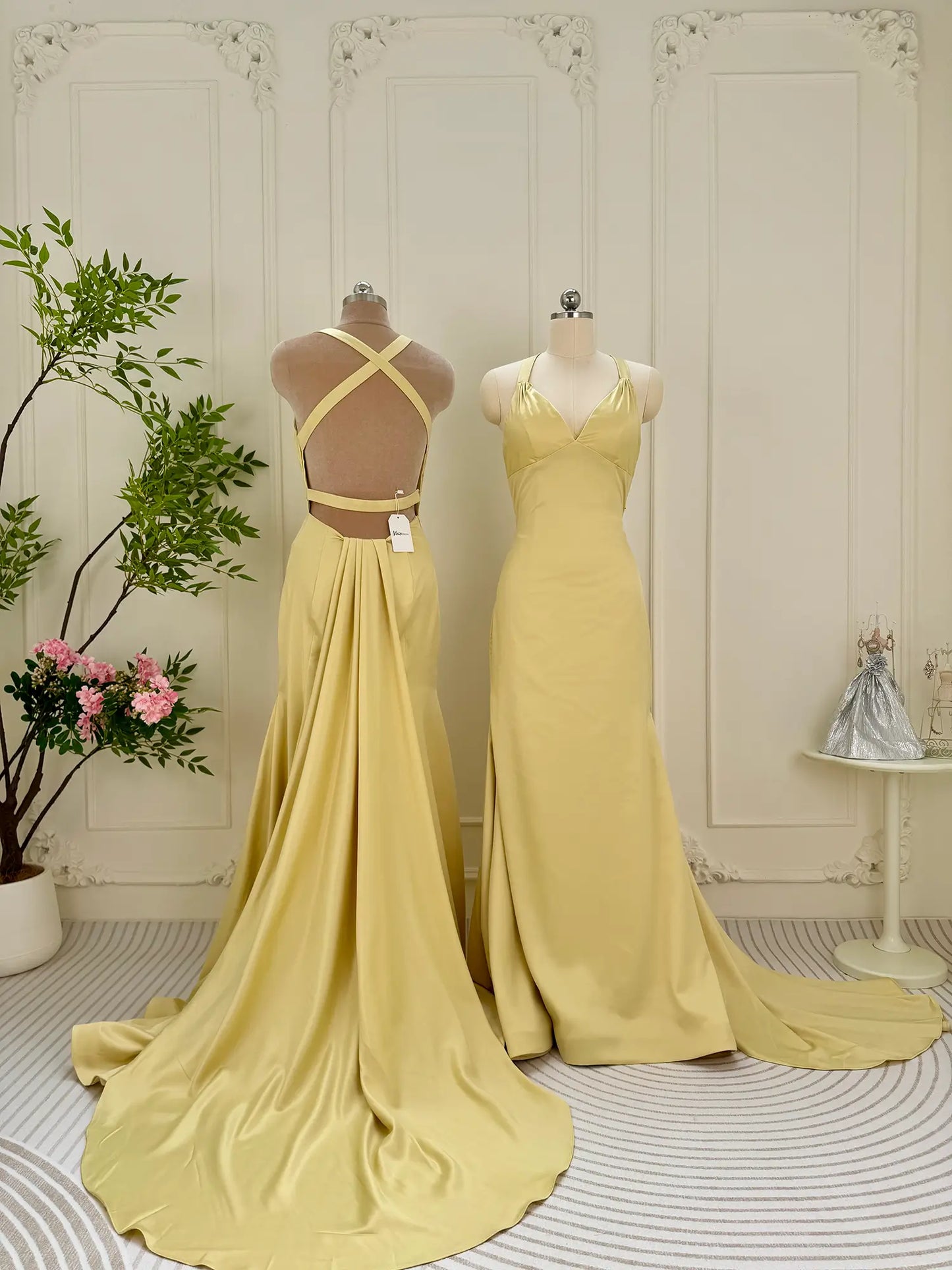 prom dresses 2025 Pale Yellow Mermaid Satin Prom Dresses with Tail V-Neck Evening Dress FD2664-plus size wedding dresses Viniodress-Yellow-Custom Size-