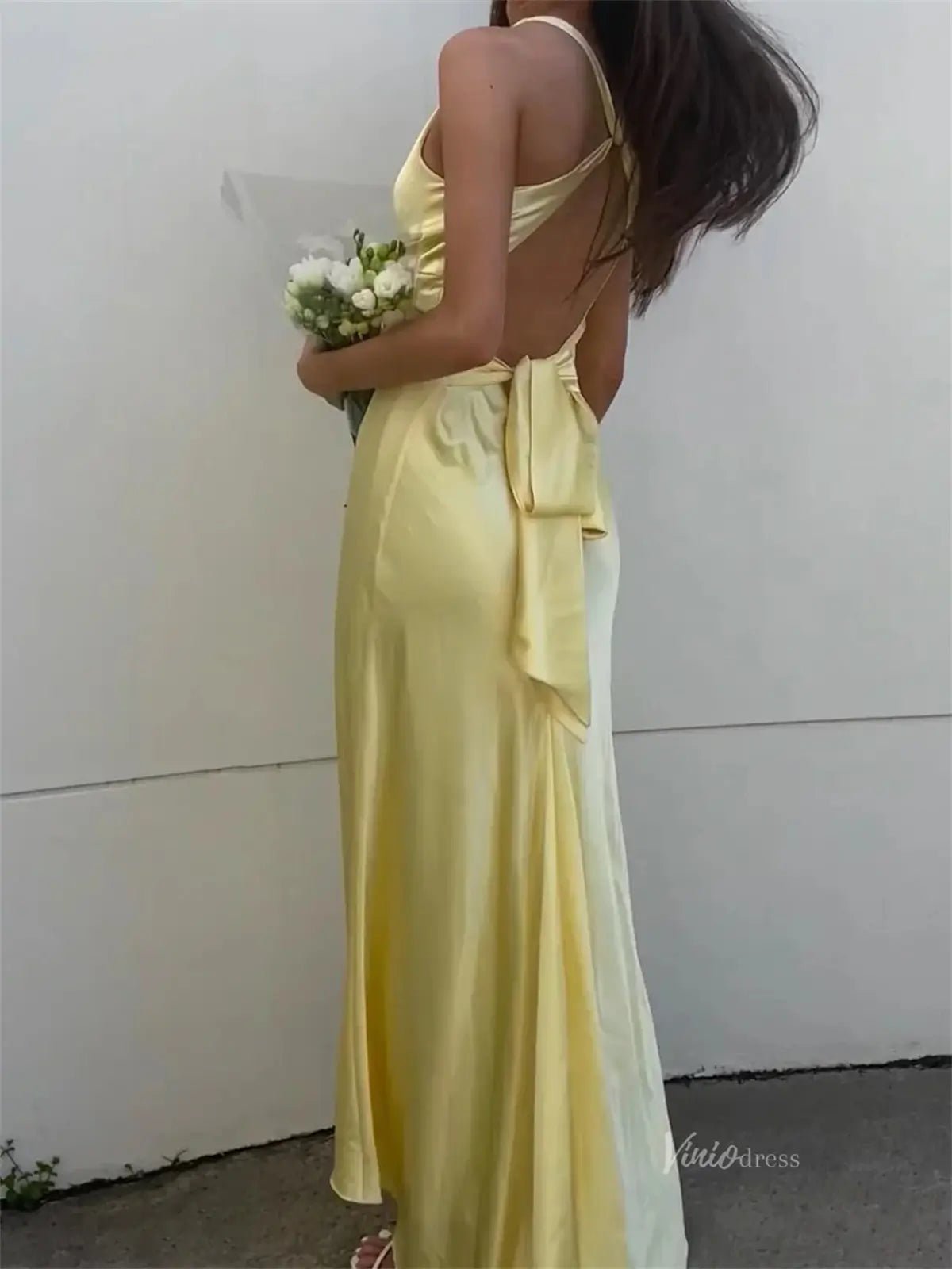 Pastel Yellow Satin Prom Dresses V - neck Evening Dress Open Back FD6001 - Viniodressprom dressesYellowCustom Size - Formal Dresses - Ball Gowns