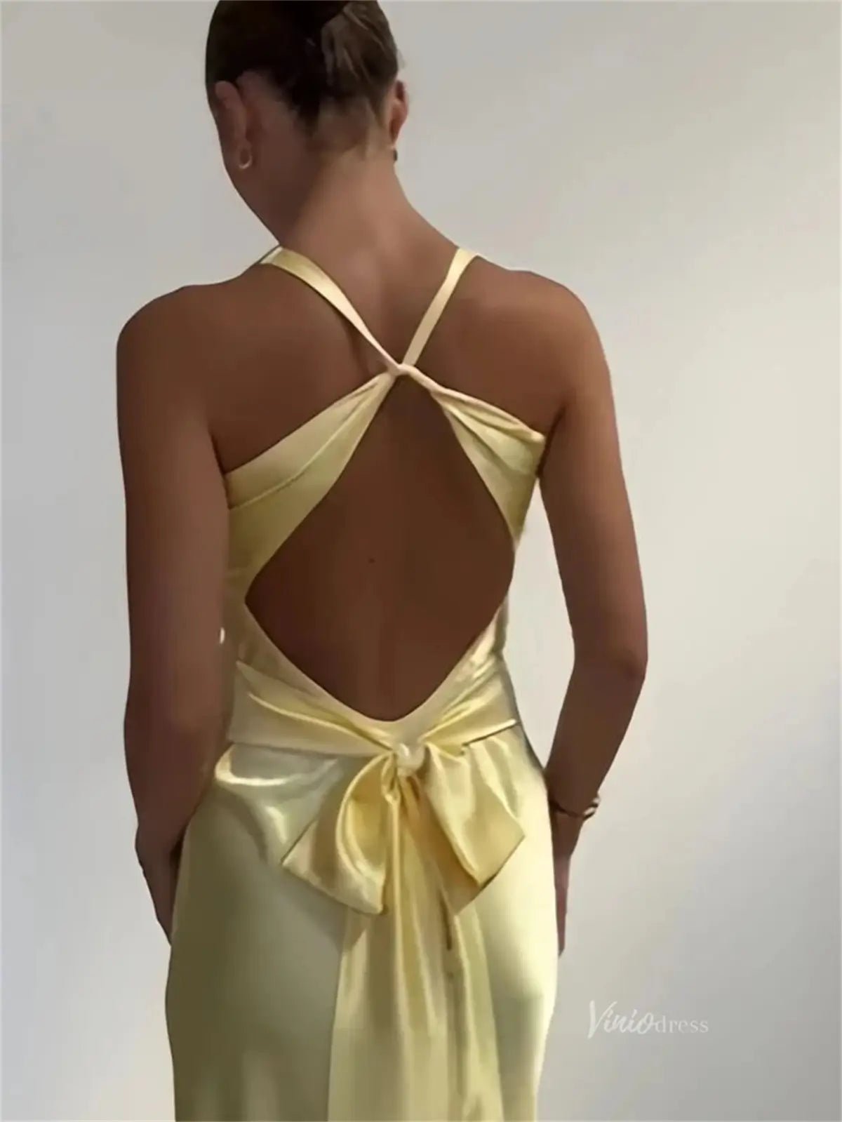 Pastel Yellow Satin Prom Dresses V - neck Evening Dress Open Back FD6001 - Viniodressprom dressesYellowCustom Size - Formal Dresses - Ball Gowns