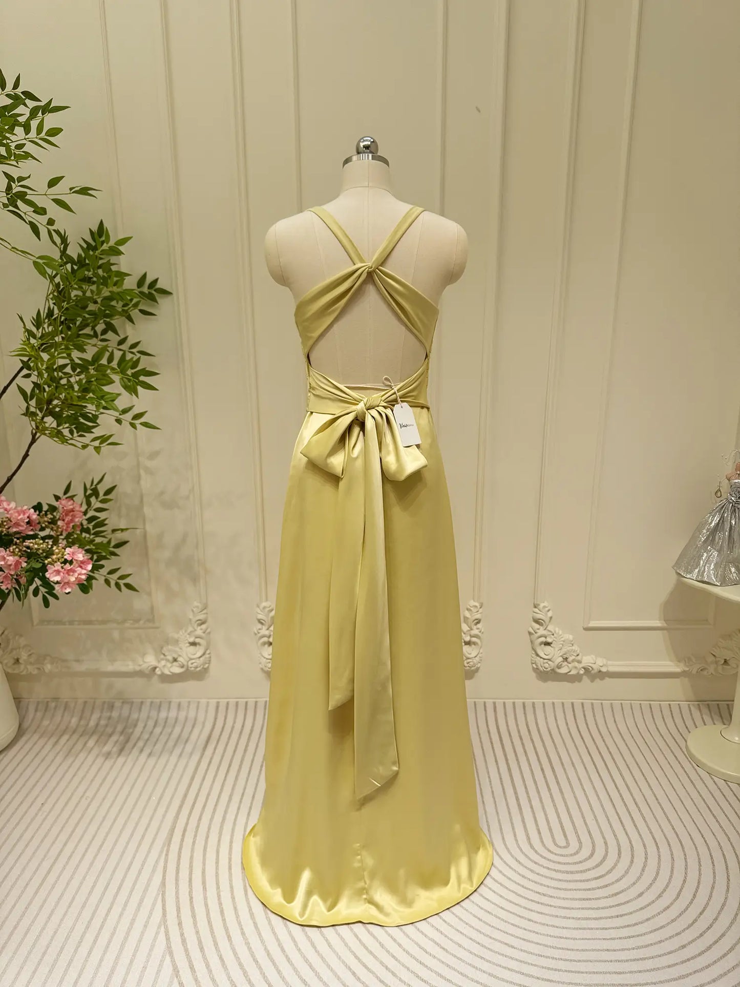 prom dresses 2025 Pastel Yellow Satin Prom Dresses V-neck Evening Dress Open Back FD6001-plus size wedding dresses Viniodress-Yellow-Custom Size-