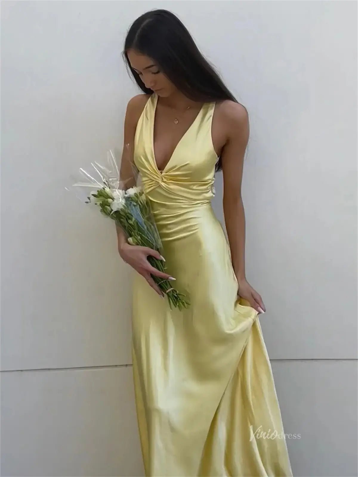 Pastel Yellow Satin Prom Dresses V - neck Evening Dress Open Back FD6001 - Viniodressprom dressesYellowCustom Size - Formal Dresses - Ball Gowns