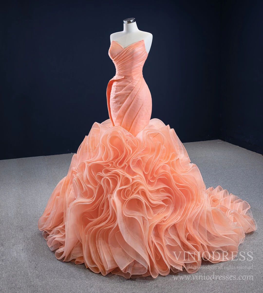 Prom Dress 2025 Peach Rosette Trumpet Wedding Dresses Strapless Pageant Gown 67212 viniodress-unique prom dresses-Peach-Custom Size-Viniodress