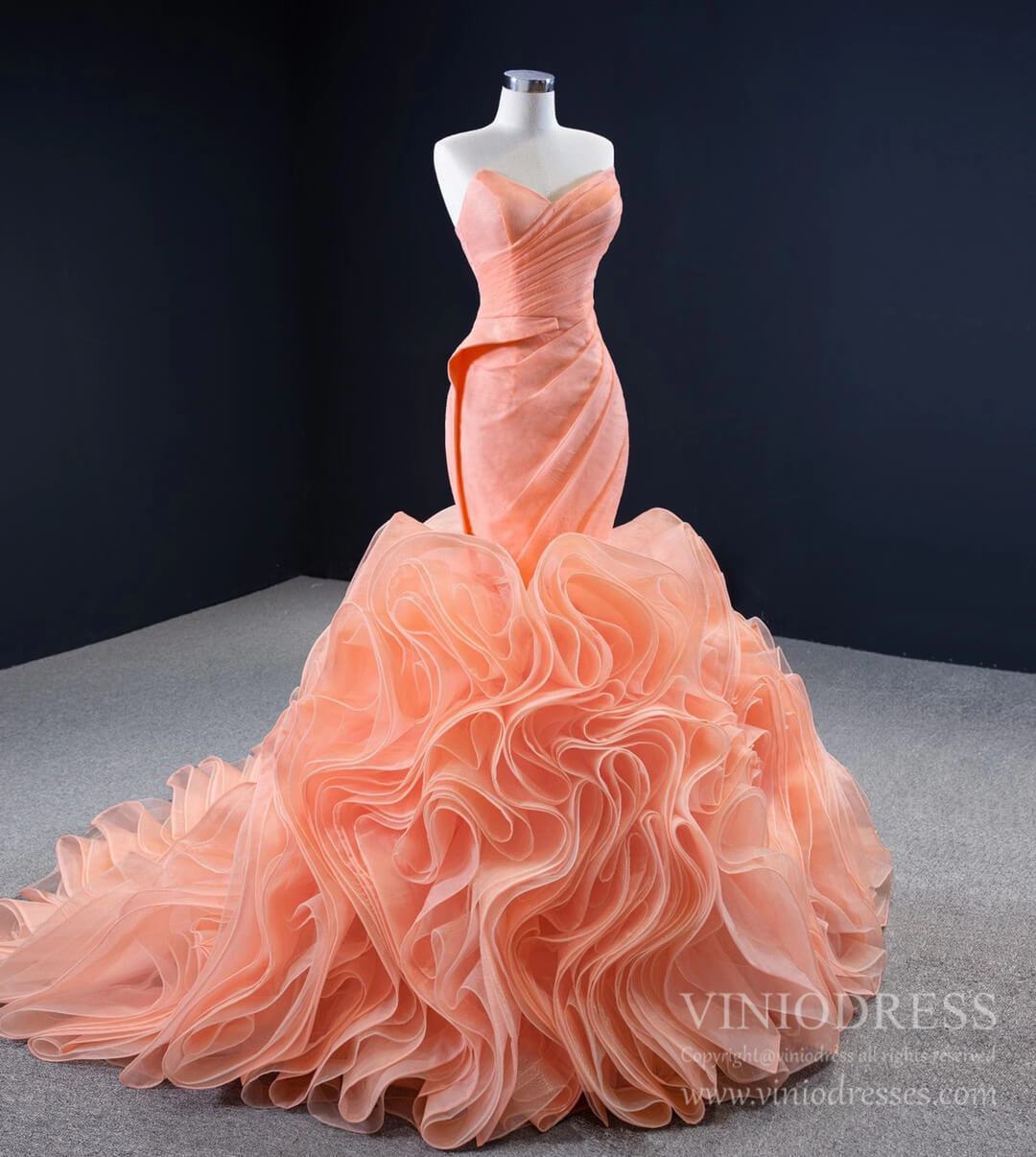 Prom Dress 2025 Peach Rosette Trumpet Wedding Dresses Strapless Pageant Gown 67212 viniodress-unique prom dresses-Peach-Custom Size-Viniodress