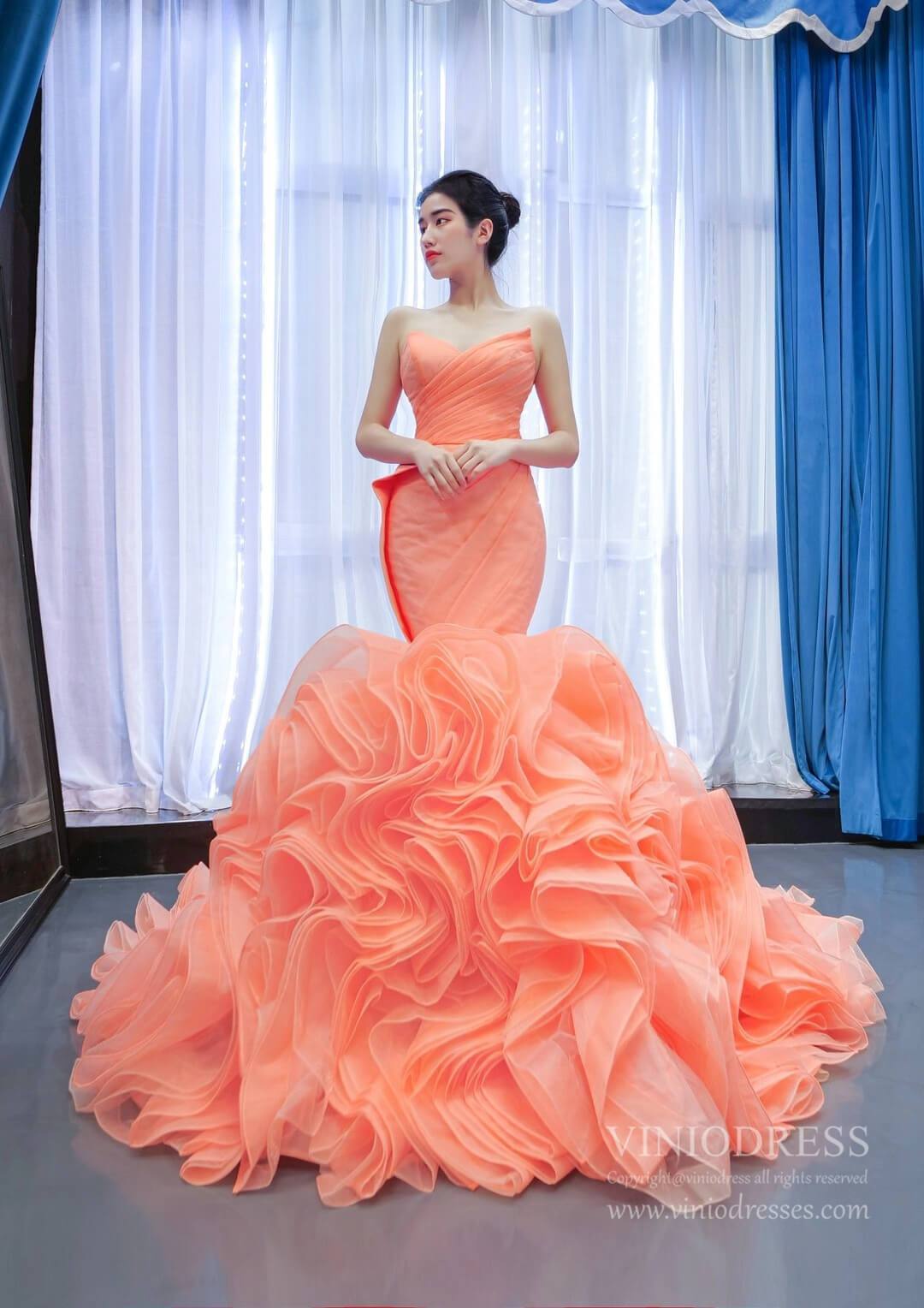 Prom Dress 2025 Peach Rosette Trumpet Wedding Dresses Strapless Pageant Gown 67212 viniodress-unique prom dresses-Peach-Custom Size-Viniodress