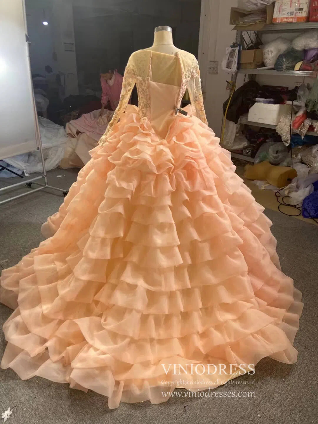 prom dresses 2025 Peach Ruffle Layered Ball Gown Prom Dresses Long Sleeve Quince Dress 67019 viniodress-plus size wedding dresses Viniodress-Peach-Custom Size-