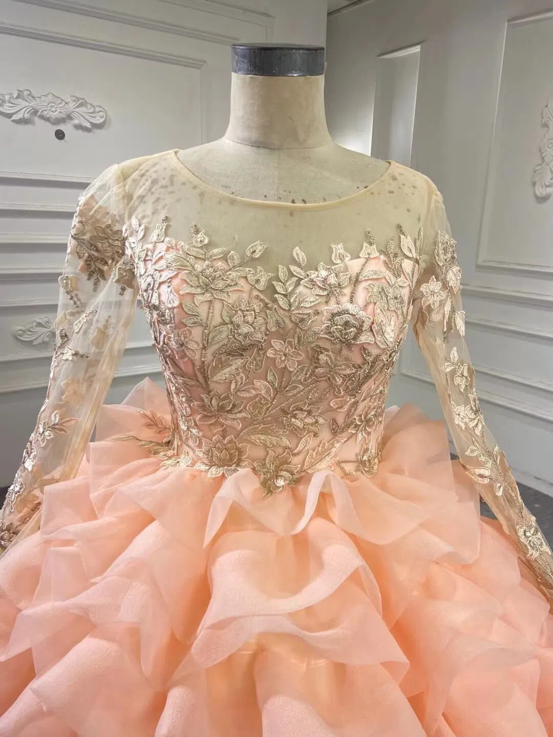 prom dresses 2025 Peach Ruffle Layered Ball Gown Prom Dresses Long Sleeve Quince Dress 67019 viniodress-plus size wedding dresses Viniodress-Peach-Custom Size-