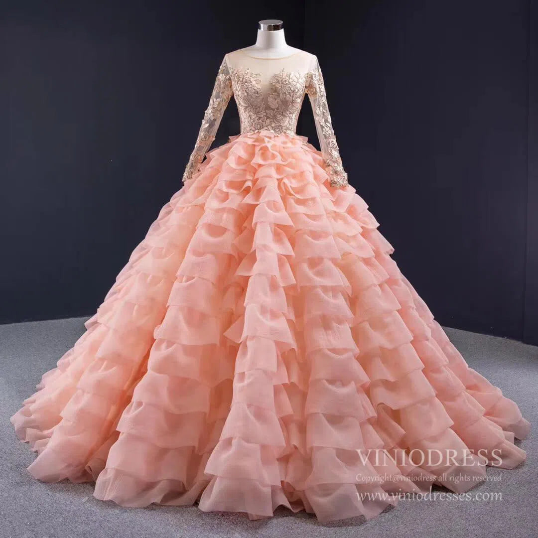 prom dresses 2025 Peach Ruffle Layered Ball Gown Prom Dresses Long Sleeve Quince Dress 67019 viniodress-plus size wedding dresses Viniodress-Peach-Custom Size-