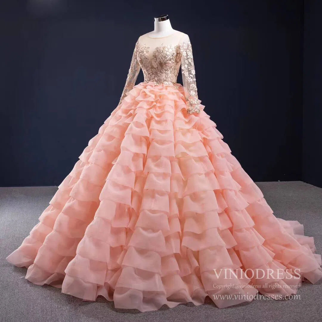 prom dresses 2025 Peach Ruffle Layered Ball Gown Prom Dresses Long Sleeve Quince Dress 67019 viniodress-plus size wedding dresses Viniodress-Peach-Custom Size-