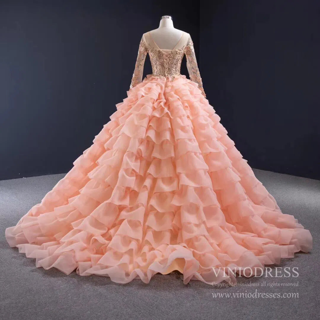 prom dresses 2025 Peach Ruffle Layered Ball Gown Prom Dresses Long Sleeve Quince Dress 67019 viniodress-plus size wedding dresses Viniodress-Peach-Custom Size-