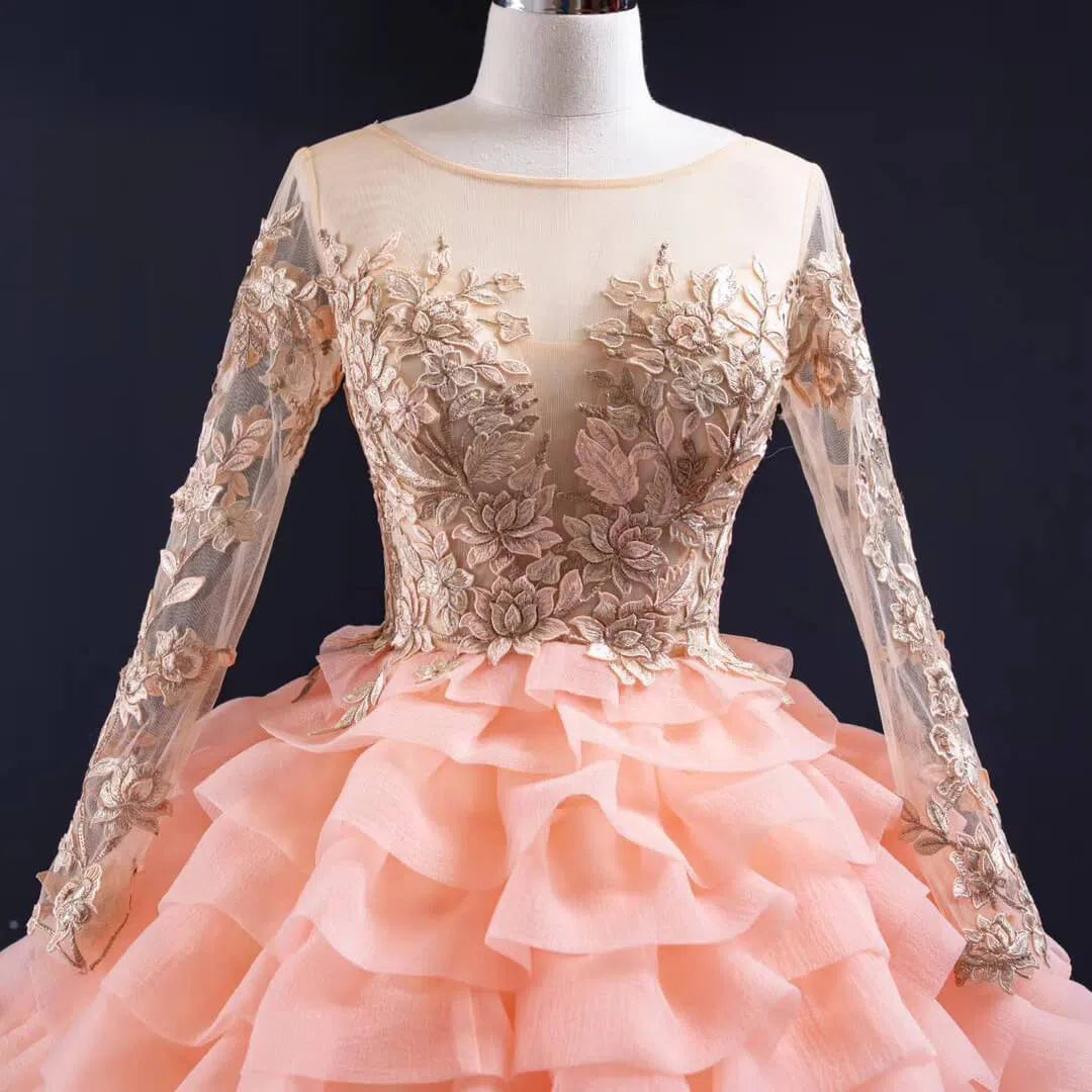 prom dresses 2025 Peach Ruffle Layered Ball Gown Prom Dresses Long Sleeve Quince Dress 67019 viniodress-plus size wedding dresses Viniodress-Peach-Custom Size-