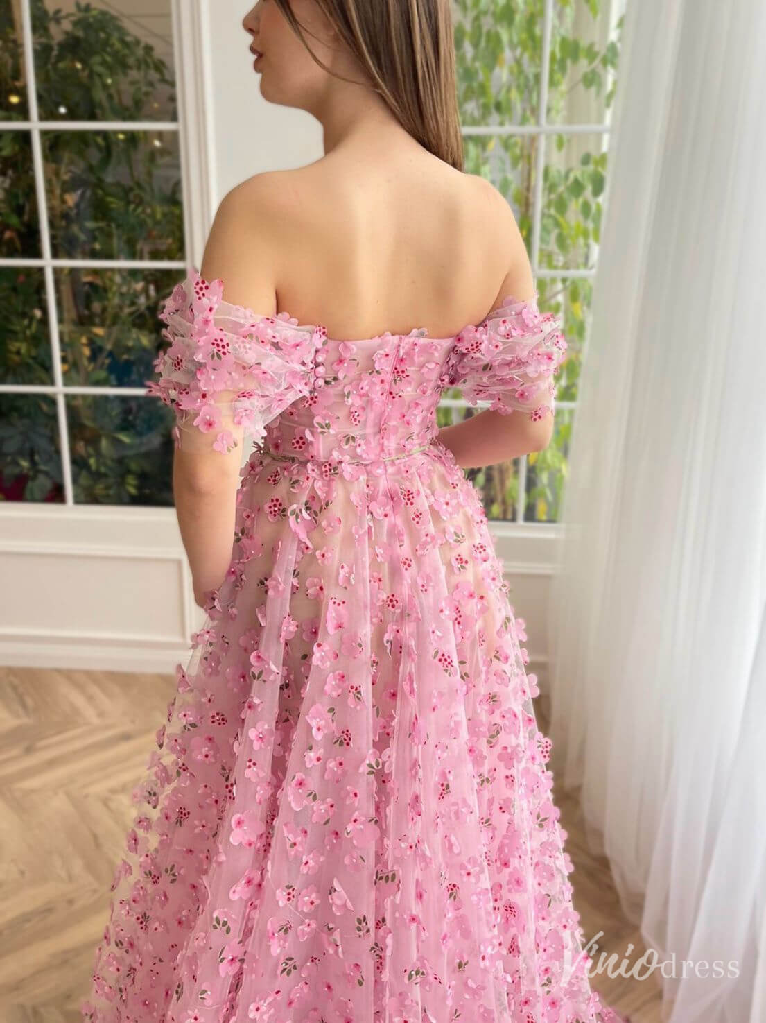 Pink 3D Flower Prom Dresses with Slit Floral Gown with Pockets TO014 - Viniodressprom dressesPinkCustom Size - Formal Dresses - Ball Gowns