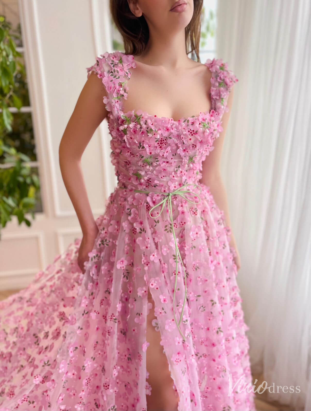 Pink 3D Flower Prom Dresses with Slit Floral Gown with Pockets TO014 - Viniodressprom dressesPinkCustom Size - Formal Dresses - Ball Gowns