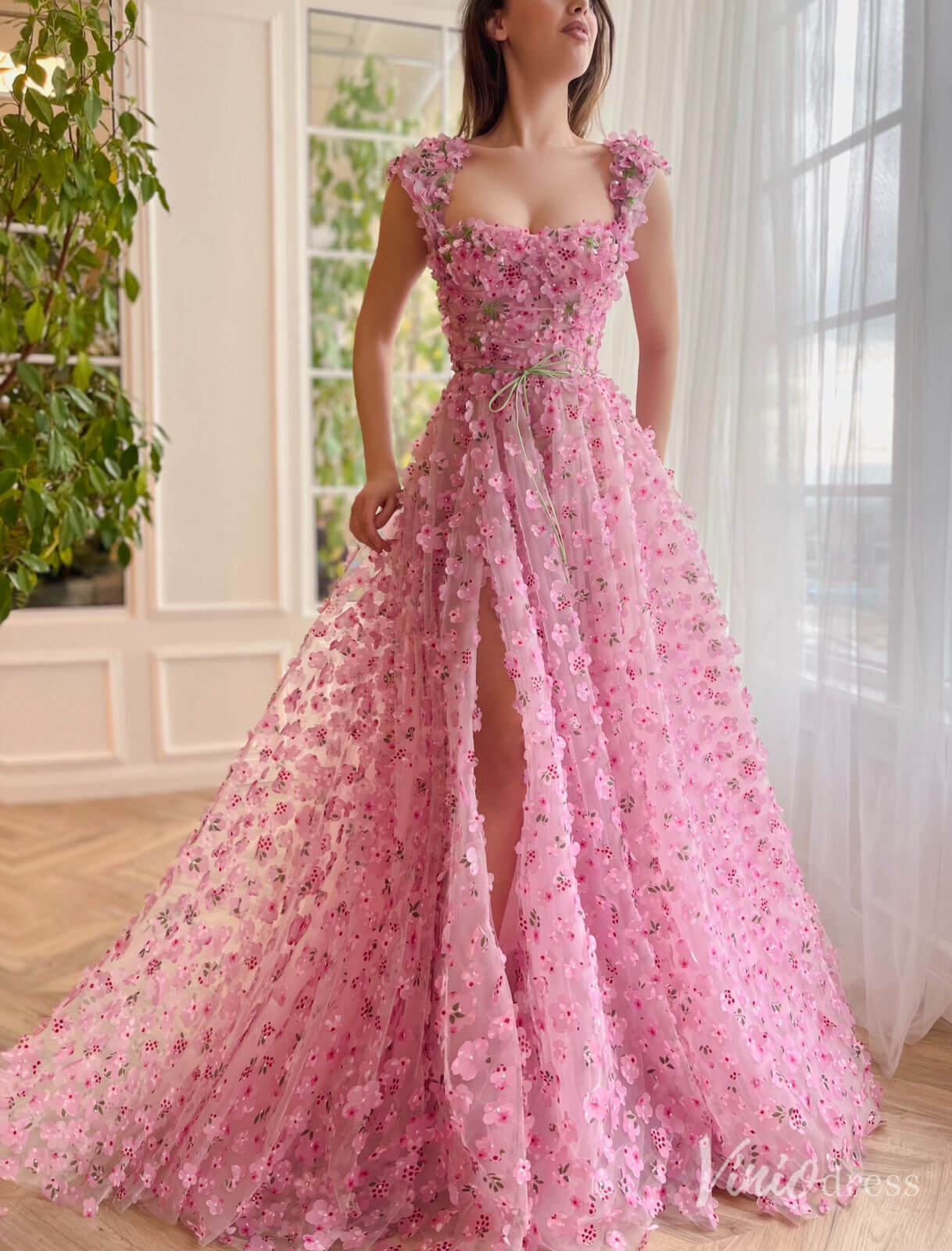 Pink 3D Flower Prom Dresses with Slit Floral Gown with Pockets TO014 - Viniodressprom dressesPinkCustom Size - Formal Dresses - Ball Gowns