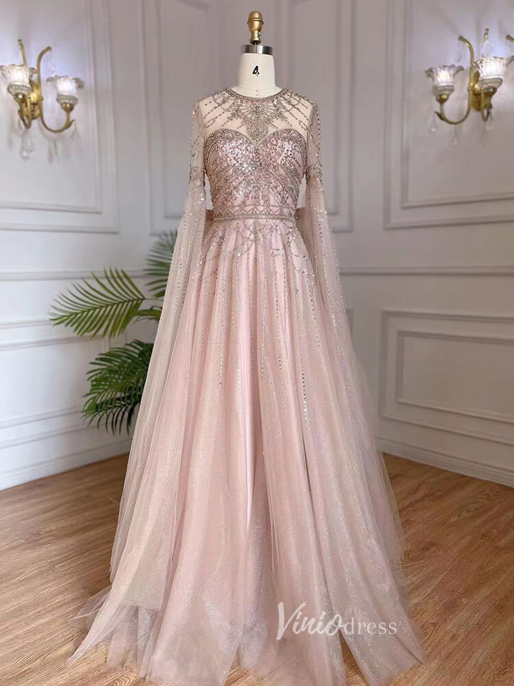 Prom Dress 2025 Pink Beaded A-line Prom Dresses Extra Long Sleeve Evening Dress 20068-unique prom dresses-Blush Pink-US 2-Viniodress