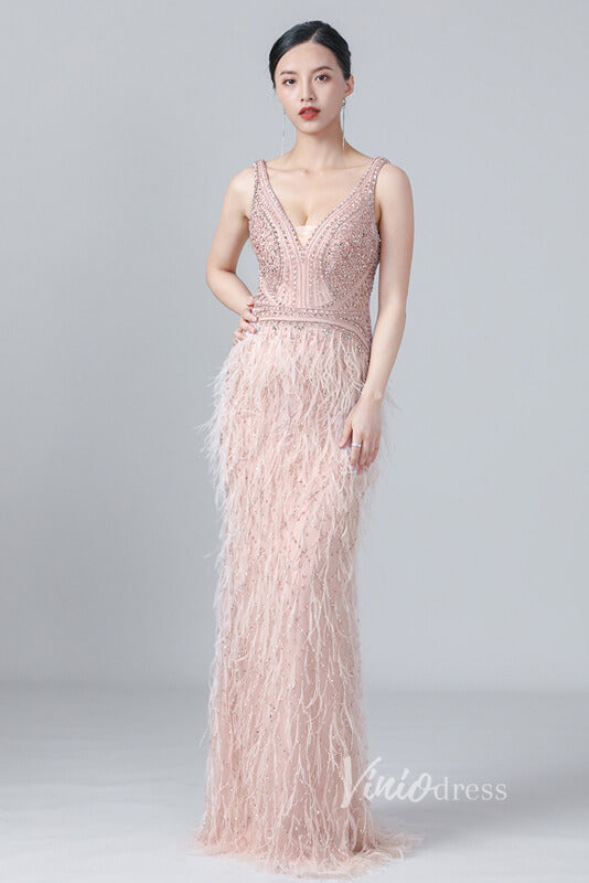 Prom Dress 2025 Pink Beaded Feather Mermaid Prom Dresses V-neck FD2614-unique Prom Dresses-Pink-US2-Viniodress