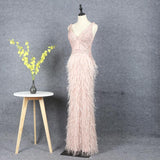 Prom Dress 2025 Pink Beaded Feather Mermaid Prom Dresses V-neck FD2614-unique Prom Dresses-Pink-US2-Viniodress