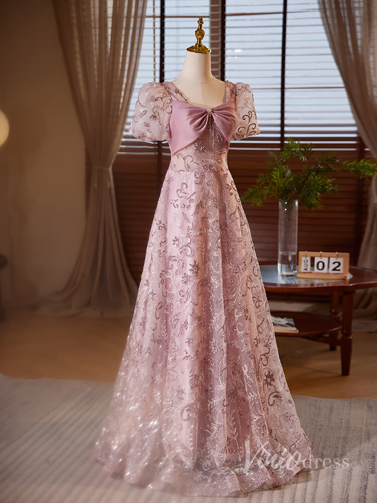 Prom Dress 2025 Pink Beaded Lace Prom Dresses Puffed Sleeve Bow-Tie 90062-unique prom dresses-Pink-Custom Size-Viniodress