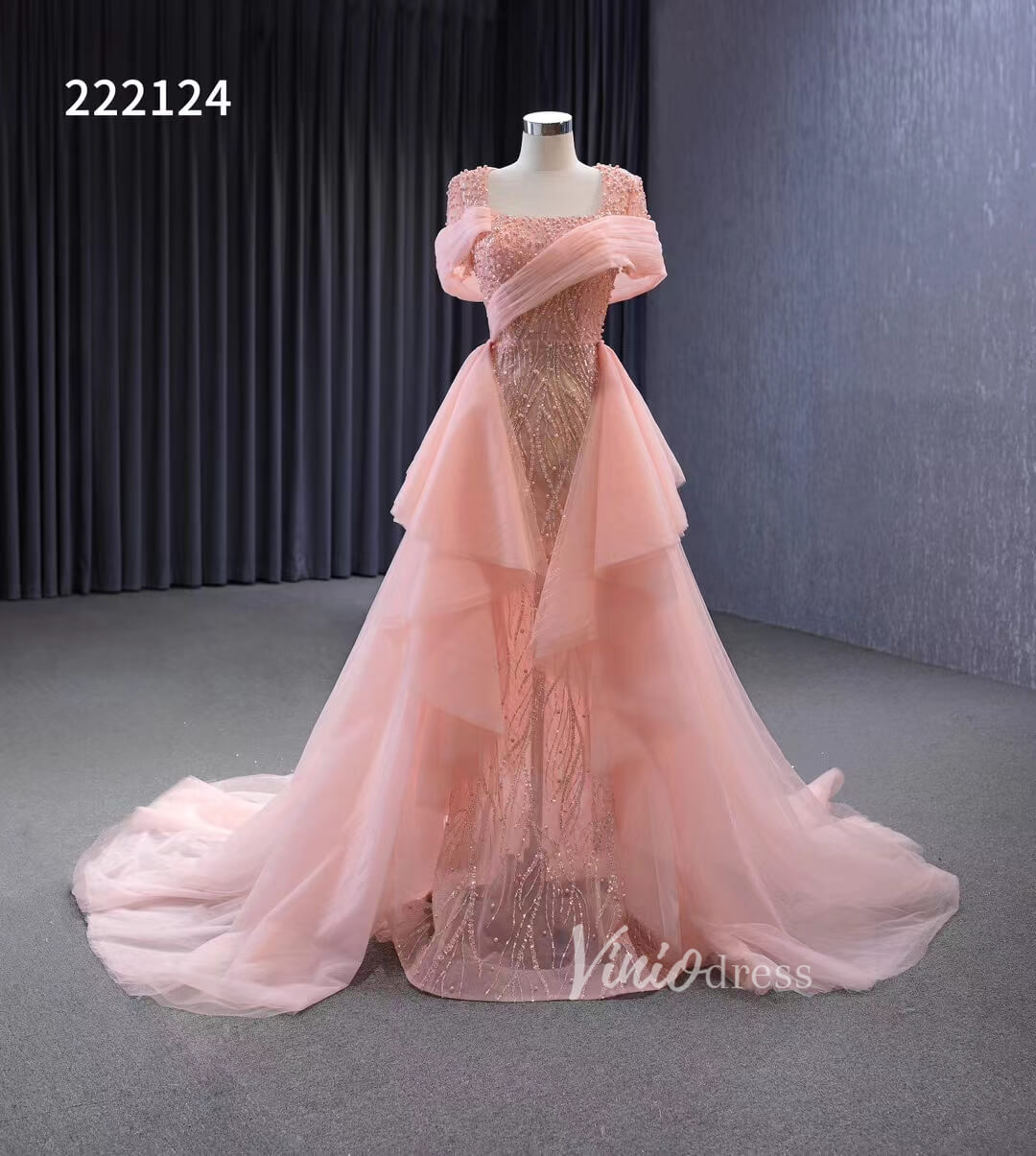 Prom Dress 2025 Pink Beaded Mermaid Prom Dress Removable Overskirt Wedding Dresses 222124-unique prom dresses-Pink-Custom Size-Viniodress