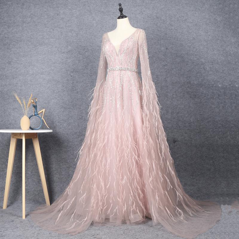 Prom Dress 2025 Pink Feather Prom Dresses Cape Sleeve V-neck Pageant Dress FD2616-unique Prom Dresses-US2-Pink-Viniodress