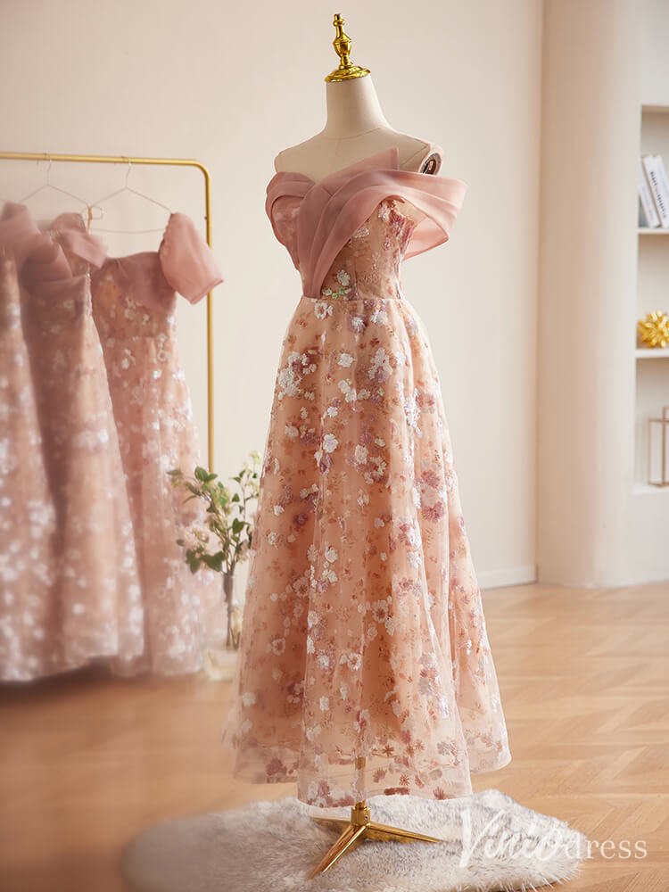 Pink Floral Sequin Lace Maxi Dress Off the Shoulder Short Prom Dresses 90074 - Viniodressprom dressesPinkCustom Size - Formal Dresses - Ball Gowns