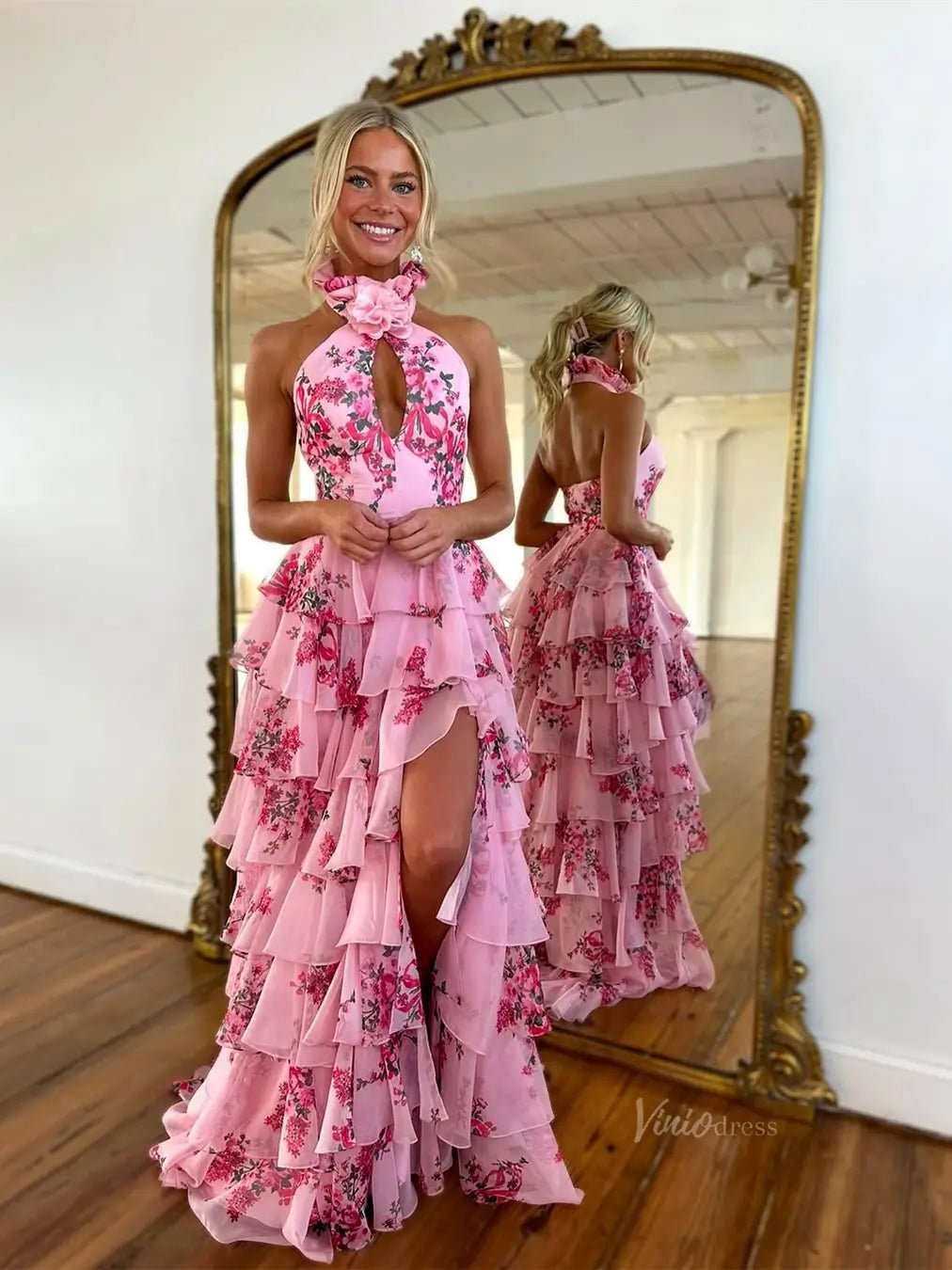 Pink Floral Tulle Prom Dresses 2025 Tiered Halter Neck Formal Gown with Slit - FD5307 - Viniodressprom dressesPinkCustom Size - Formal Dresses - Ball Gowns