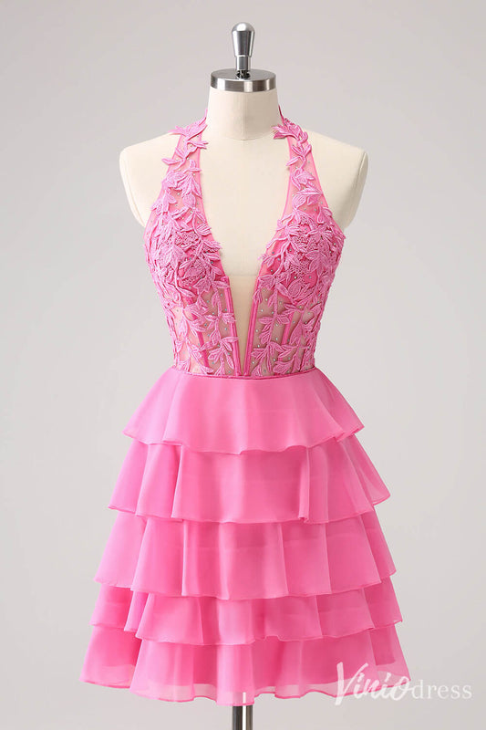 Pink Halter Neck Ruffled Homecoming Dresses Lace Applique Back to School Dress S24055 - Viniodressprom dressesPinkCustom Size - Formal Dresses - Ball Gowns