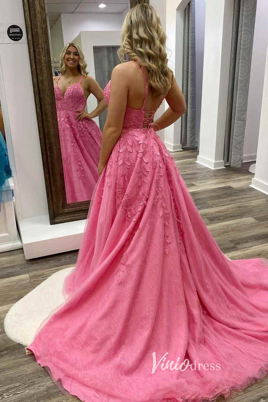 Prom Dress 2025 Pink Lace Appliqued Prom Dresses Spaghetti Strap Evening Dress FD3396-unique prom dresses-Pink-Custom Size-Viniodress