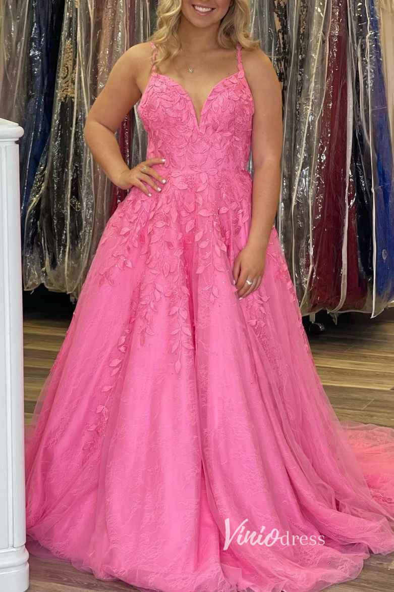 Prom Dress 2025 Pink Lace Appliqued Prom Dresses Spaghetti Strap Evening Dress FD3396-unique prom dresses-Pink-Custom Size-Viniodress