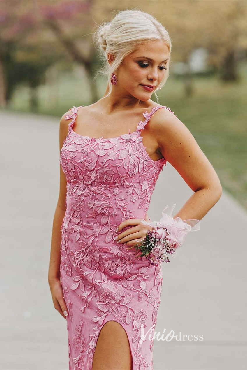 Prom Dress 2025 Pink Lace Appliqued Prom Dresses with Slit Spaghetti Strap FD1250G-unique prom dresses-Pink-Custom Size-Viniodress