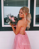 Prom Dress 2025 Pink Lace Appliqued Spaghetti Strap Long Prom Dress with Slit FD1739-unique prom dresses-Pink-Custom Size-Viniodress