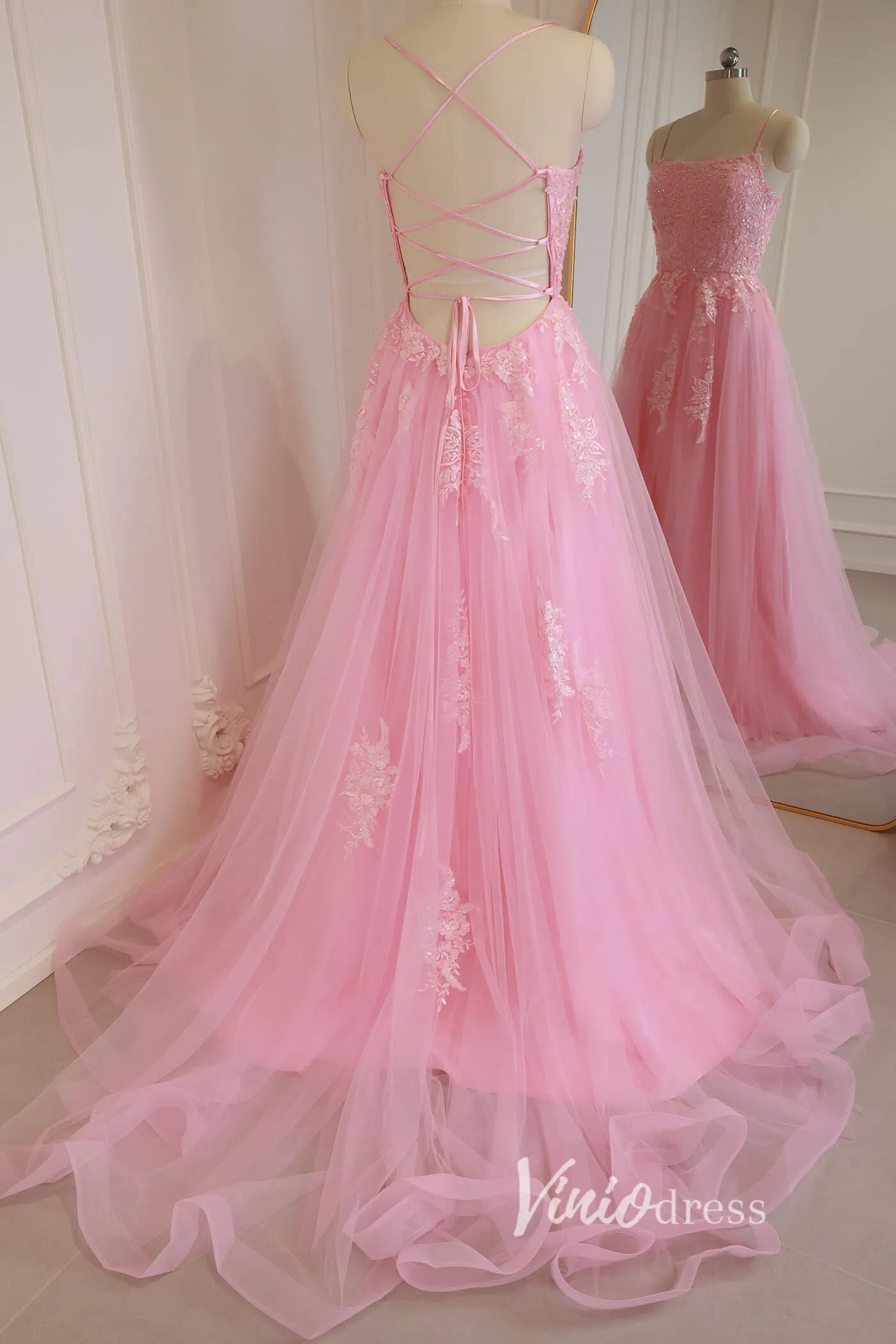 Prom Dress 2025 Pink Lace Appliqued Spaghetti Strap Long Prom Dress with Slit FD1739-unique prom dresses-Pink-Custom Size-Viniodress