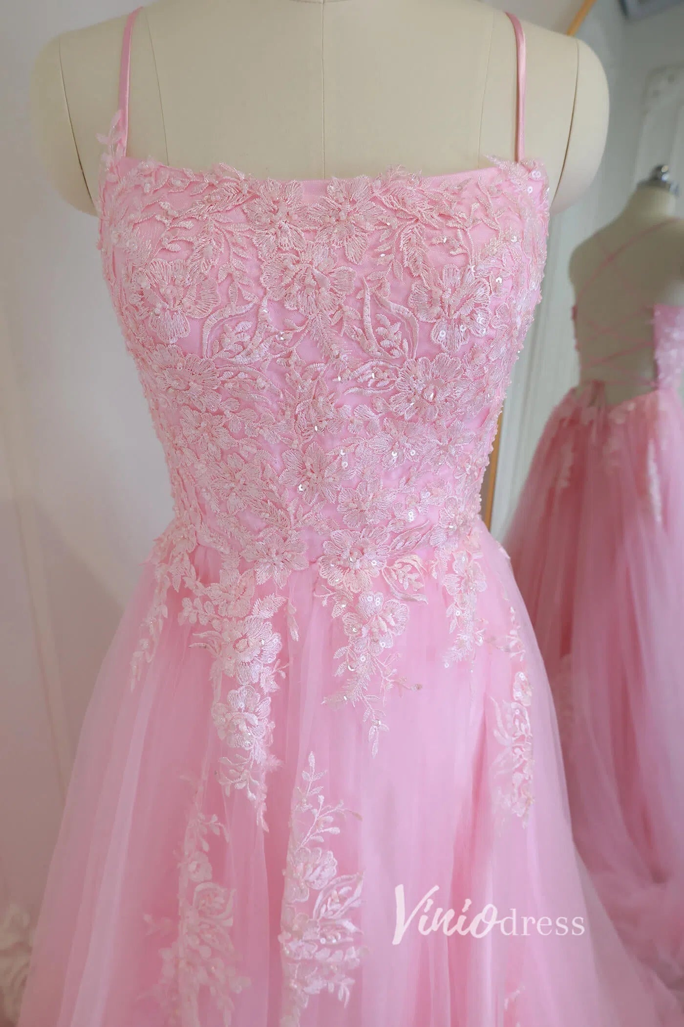 Prom Dress 2025 Pink Lace Appliqued Spaghetti Strap Long Prom Dress with Slit FD1739-unique prom dresses-Pink-Custom Size-Viniodress