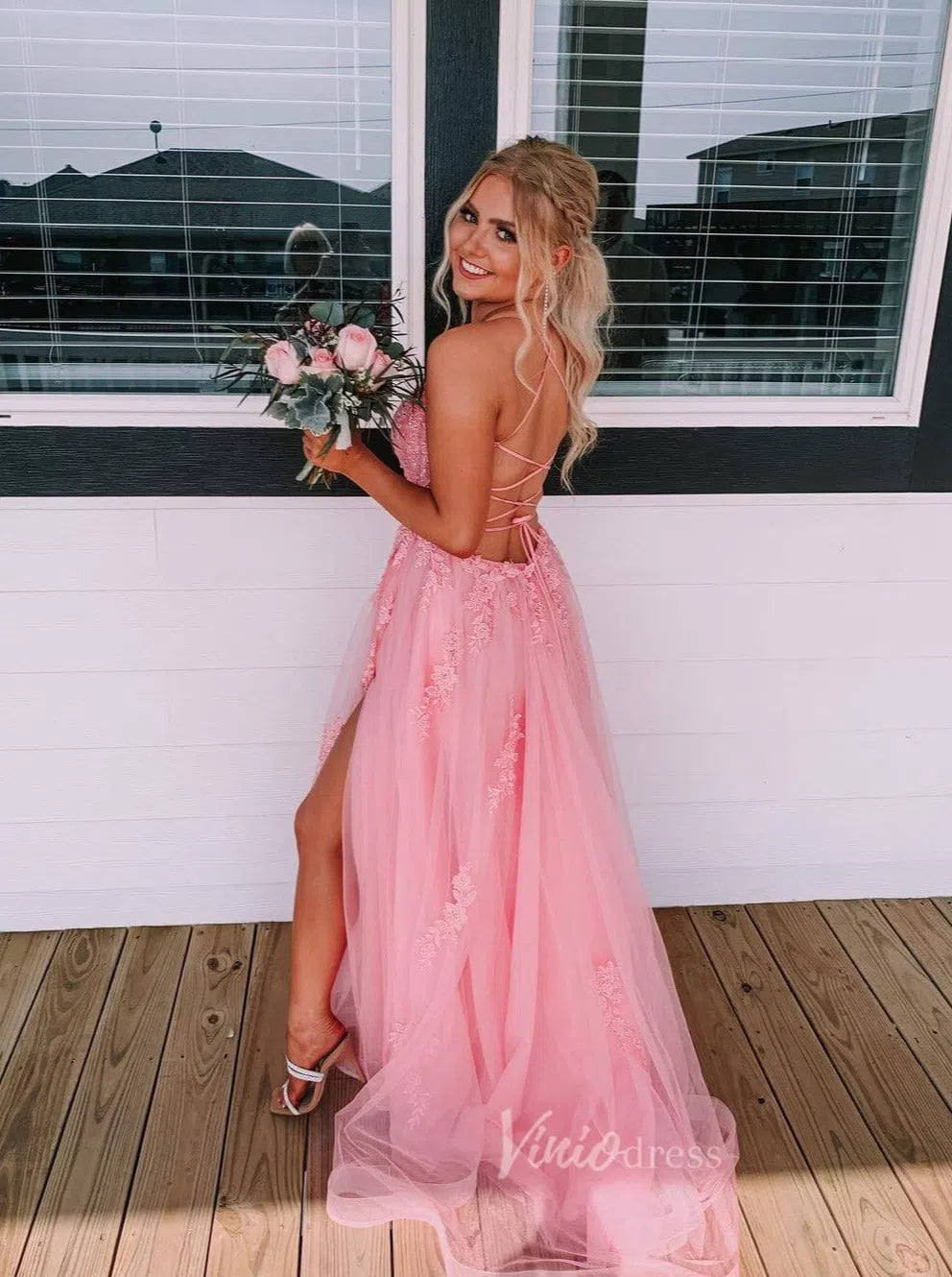 Prom Dress 2025 Pink Lace Appliqued Spaghetti Strap Long Prom Dress with Slit FD1739-unique prom dresses-Pink-Custom Size-Viniodress