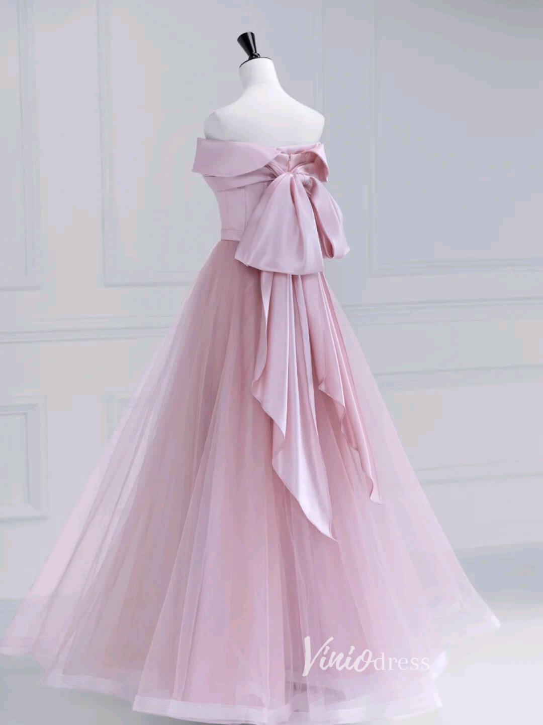 Pink Off the Shoulder Prom Dresses Bow - Tie Formal Dress AD1037 - Viniodressprom dressesPinkCustom Size - Formal Dresses - Ball Gowns