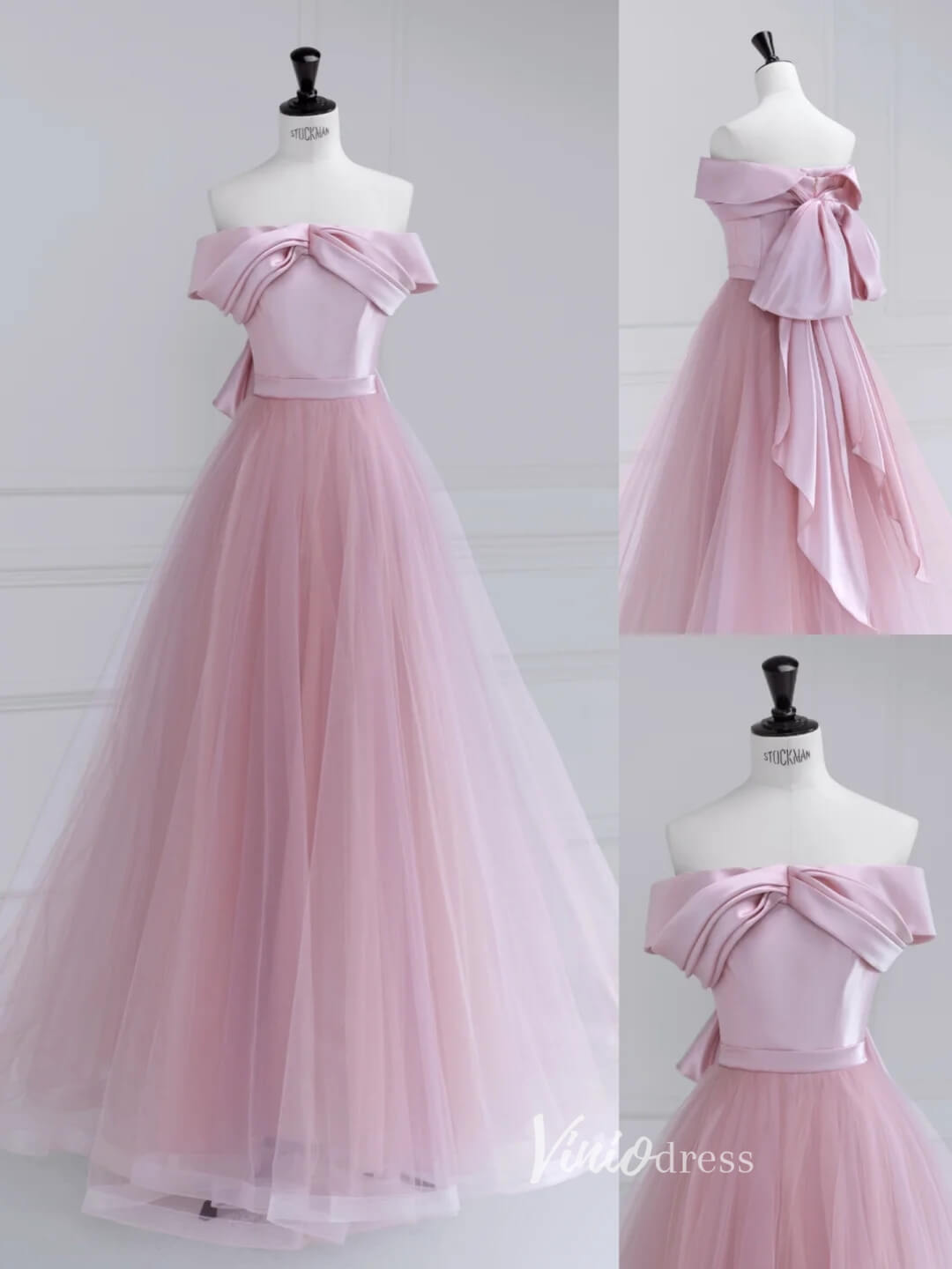 Pink Off the Shoulder Prom Dresses Bow - Tie Formal Dress AD1037 - Viniodressprom dressesPinkCustom Size - Formal Dresses - Ball Gowns