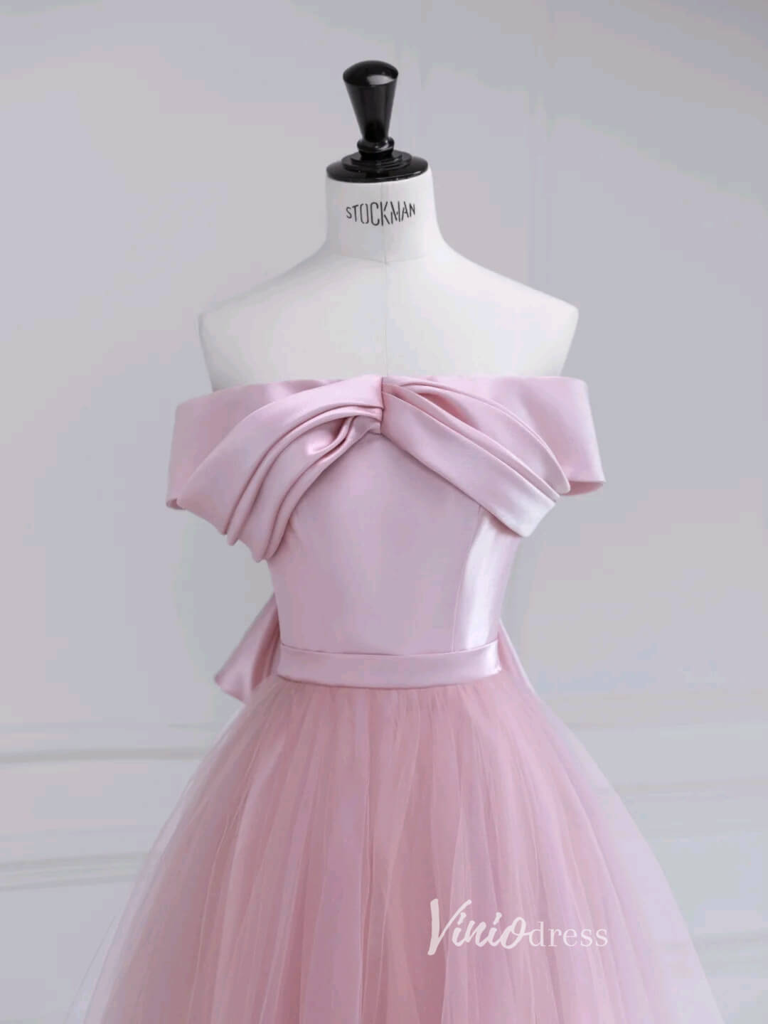 Pink Off the Shoulder Prom Dresses Bow - Tie Formal Dress AD1037 - Viniodressprom dressesPinkCustom Size - Formal Dresses - Ball Gowns