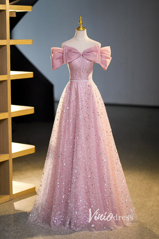 Pink Off the Shoulder Prom Dresses Bow - Tie Formal Dress AD1044 - Viniodressprom dressesPinkCustom Size - Formal Dresses - Ball Gowns