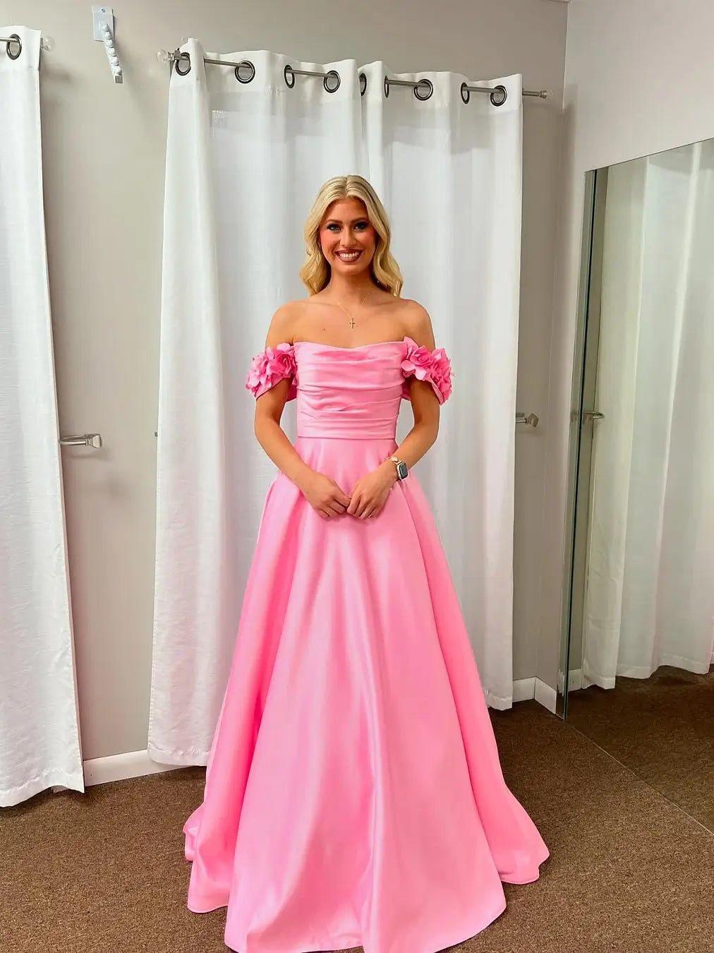 Pink Off the Shoulder Satin Prom Dress with 3D Flower & Ruched Bodice – Style FD5196 - Viniodressprom dressesPinkCustom Size - Formal Dresses - Ball Gowns