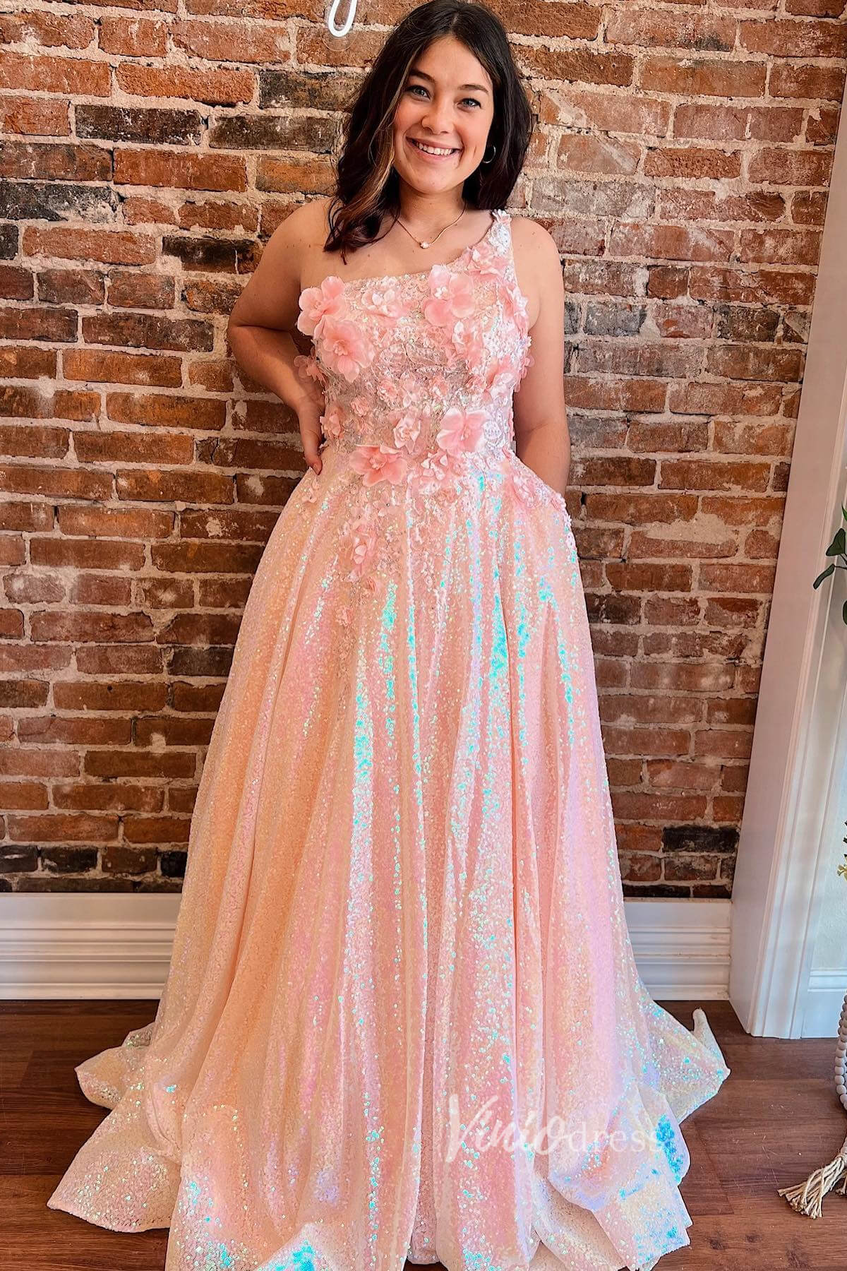 Pink One - Shoulder Sequin Prom Dress with 3D Flowers and Convenient Pockets FD3471 - Viniodressprom dressesPinkCustom Size - Formal Dresses - Ball Gowns