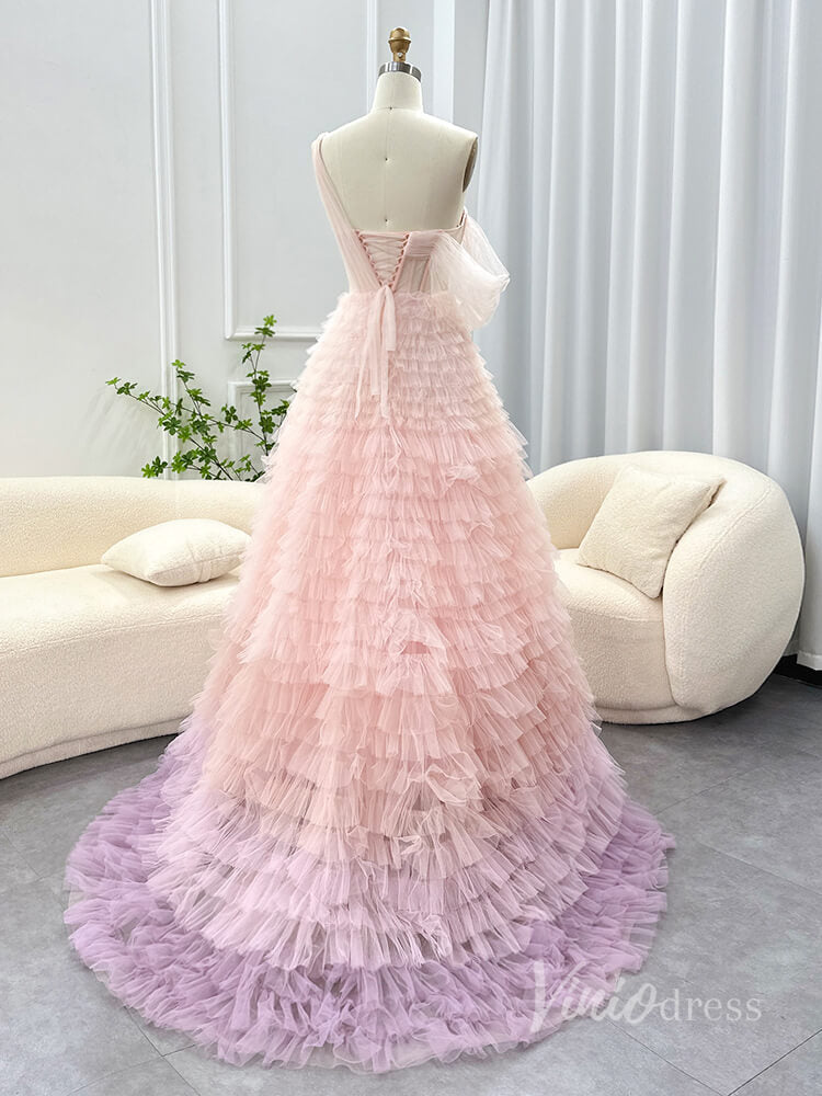 Prom Dress 2025 Pink One Shoulder Tiered Prom Dresses Sheer Boned Bodice Quinceanera Dress AD1186-unique prom dresses-Pink-Custom Size-Viniodress