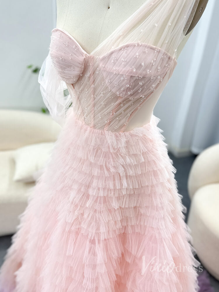 Prom Dress 2025 Pink One Shoulder Tiered Prom Dresses Sheer Boned Bodice Quinceanera Dress AD1186-unique prom dresses-Pink-Custom Size-Viniodress