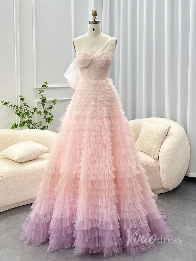 Pink One Shoulder Tiered Prom Dresses Sheer Boned Bodice Quinceanera Dress AD1186 - Viniodressprom dressesPinkCustom Size - Formal Dresses - Ball Gowns