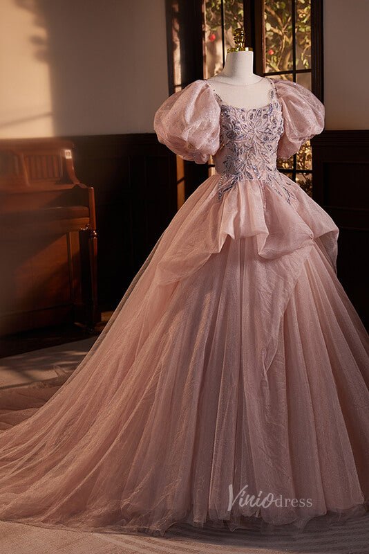 Pink Puffed Sleeve Quinceanera Dresses Beaded Lace Ball Gown AD1053 - Viniodressprom dressesPinkCustom Size - Formal Dresses - Ball Gowns