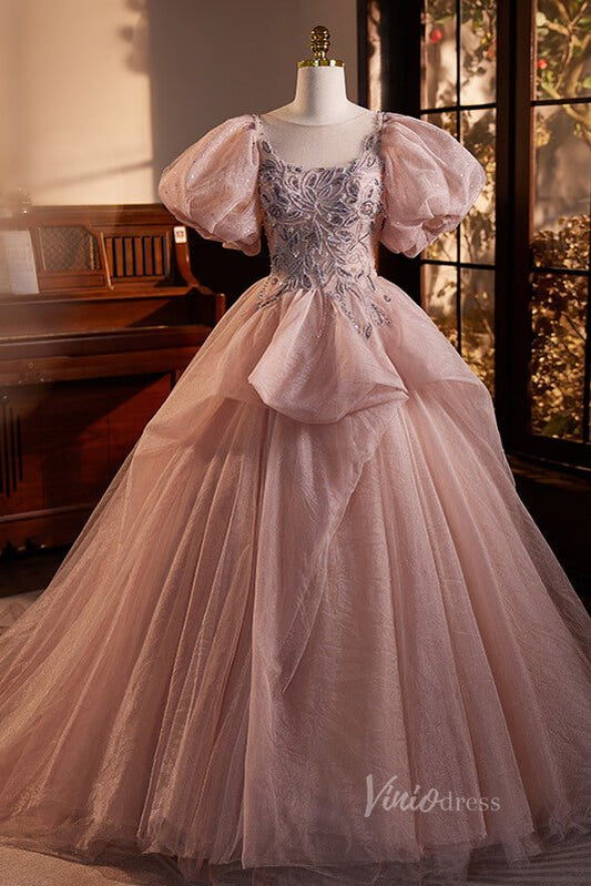 Pink Puffed Sleeve Quinceanera Dresses Beaded Lace Ball Gown AD1053 - Viniodressprom dressesPinkCustom Size - Formal Dresses - Ball Gowns