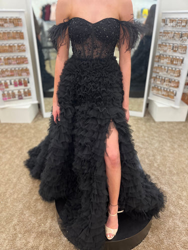 Prom Dress 2025 Pink Ruffle Formal Dress Feather Layered Prom Dresses FD2976-unique prom dresses-Black-Custom Size-Viniodress