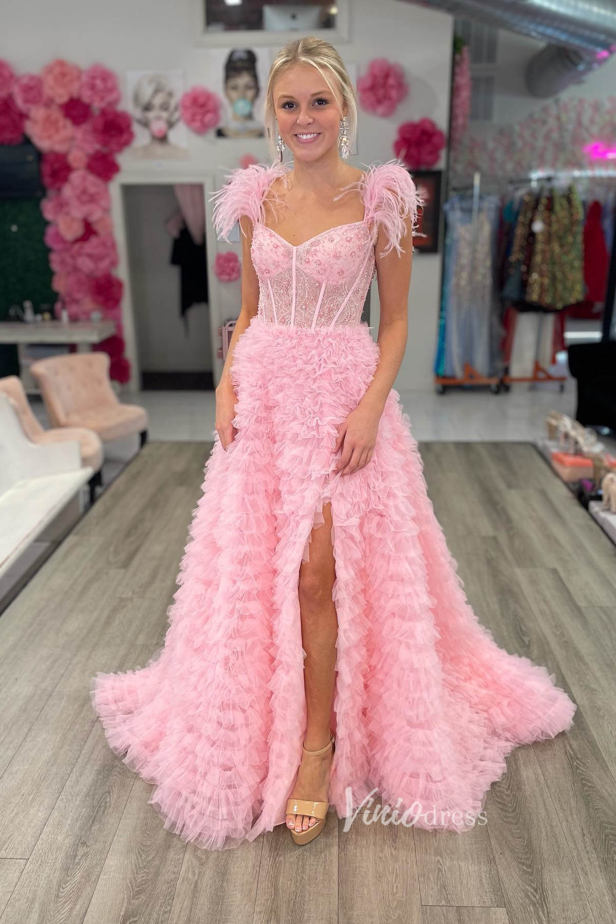 Prom Dress 2025 Pink Ruffle Formal Dress Feather Layered Prom Dresses FD2976-unique prom dresses-Pink-Custom Size-Viniodress