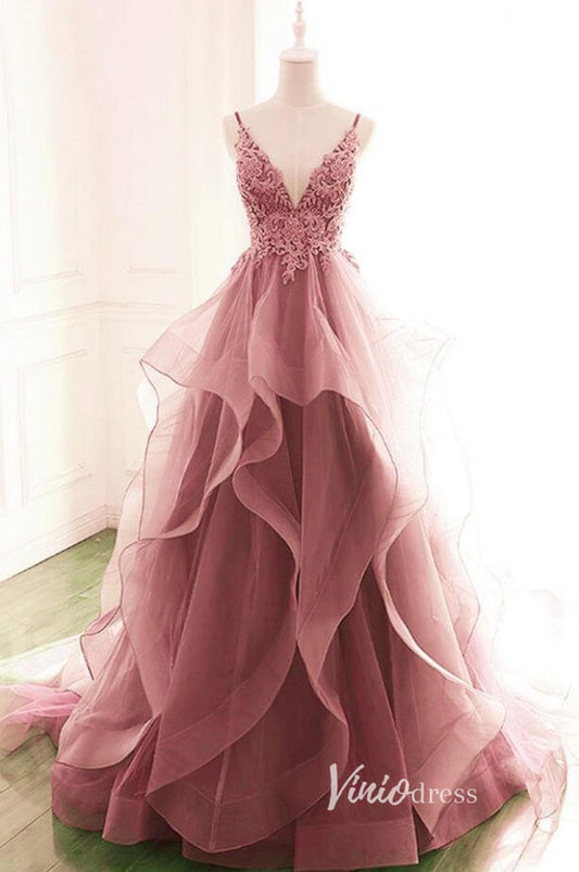 Prom Dress 2025 Pink Ruffled Prom Dresses Lace Appliqued Formal Gown FD3325-unique prom dresses-Dusty Rose-Custom Size-Viniodress