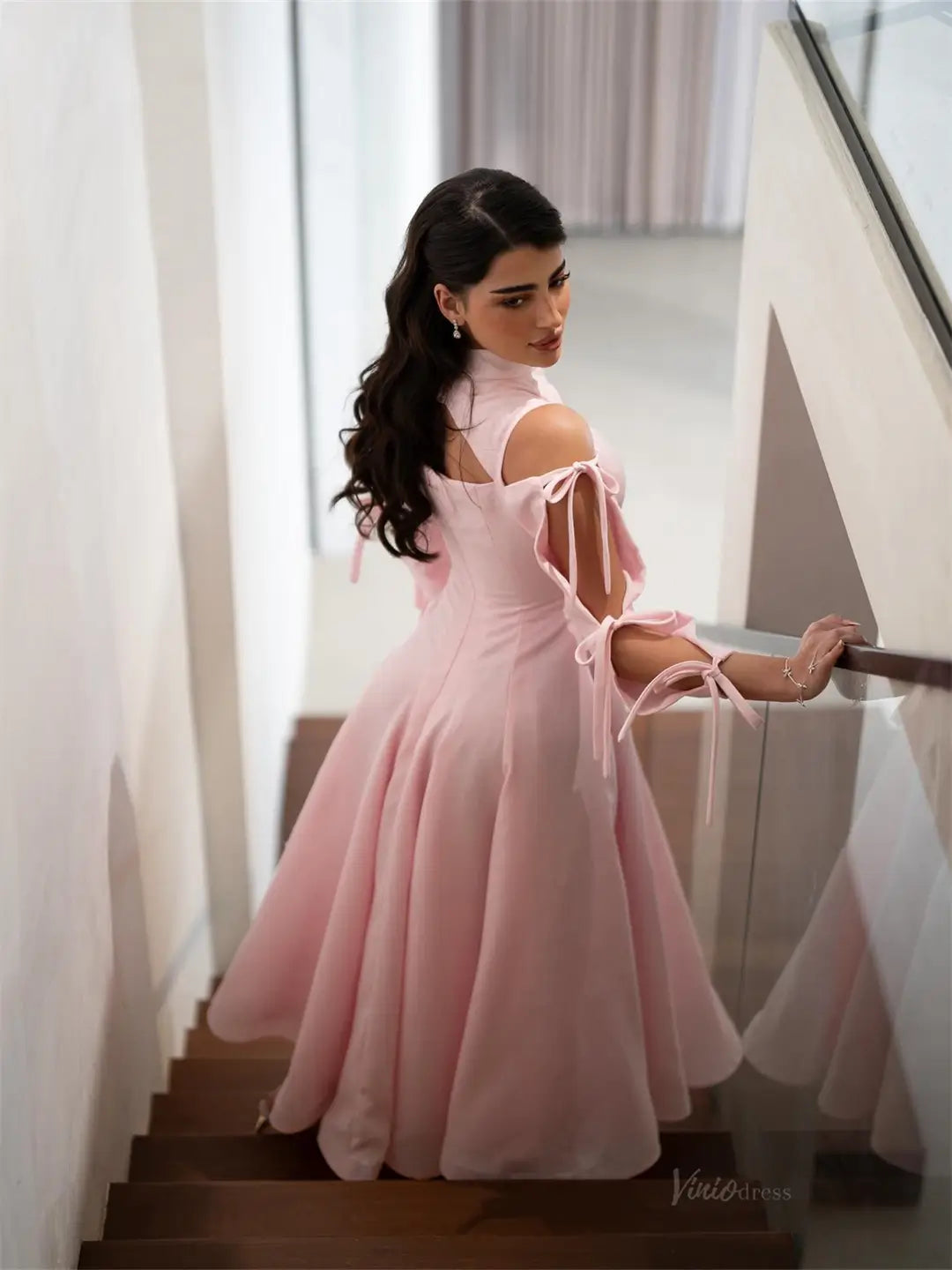 prom dresses 2025-to impress Pink Satin Maxi Prom Dresses 2025 with Bow, Long Sleeve & High Neck – FD5202-plus size wedding dresses Viniodress-Pink-Custom Size-